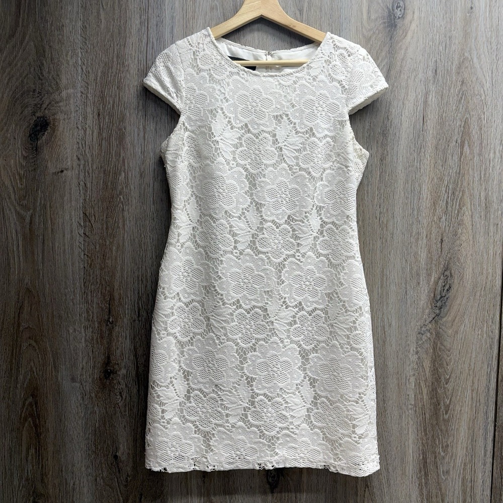 NINE WEST White Lace Dress Womens 10 Lined Knee Length Short Cap Sleeve